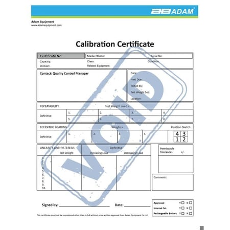 ADAM EQUIPMENT Calibration certificate for AELP, PT, PTS 700660289